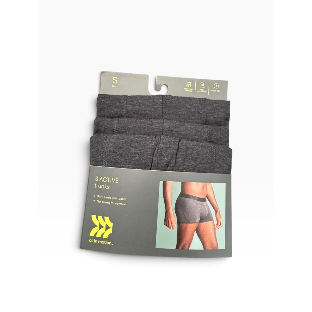 All in Motion Mens 3 Pack Active Trunks Dark Gray Black Size Small 30-31